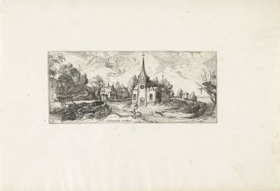 Landschap met een gezicht op een kerk in een dorp door Cornelis Claesz van Wieringen (possibly)