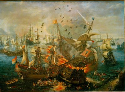 De explosie van het Spaanse admiraalsschip door Cornelis Claesz  van Wieringen