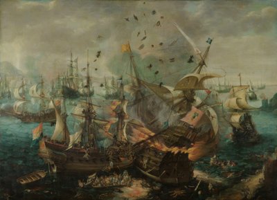 De Explosie van het Spaanse Admiraalsschip door Cornelis Claesz  van Wieringen