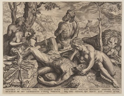 Adam en Eva treuren over de dood van Abel door Cornelis Cort
