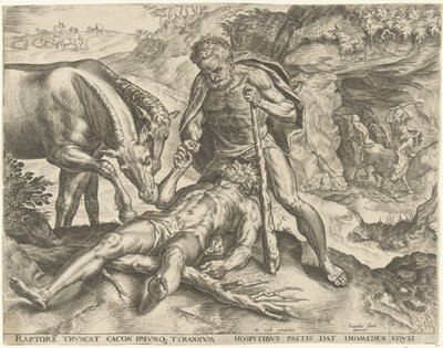 Hercules voert Diomedes aan zijn paarden Werken van Hercules (series title) door Cornelis Cort
