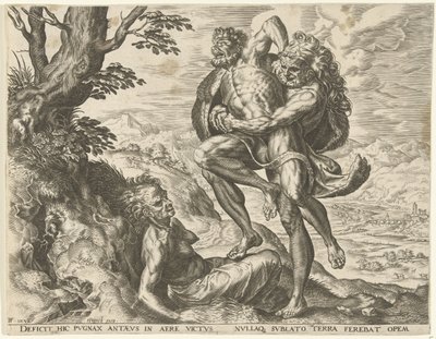 Hercules worstelt met Antaeus door Cornelis Cort