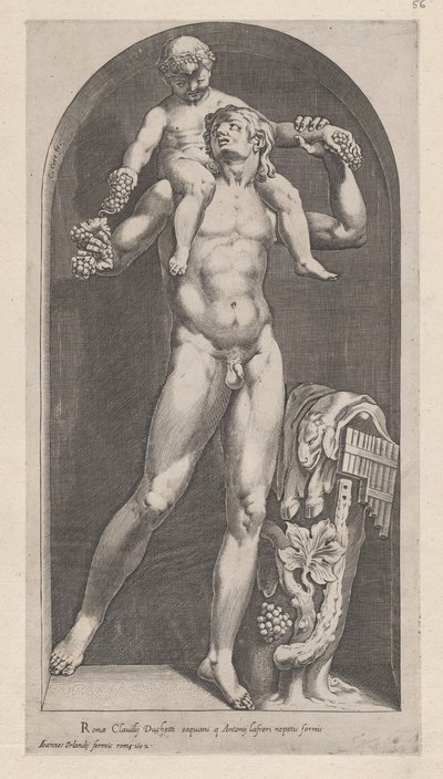 Speculum Romanae Magnificentiae: Bacchus op de schouders van een sater, 16e eeuw door Cornelis Cort