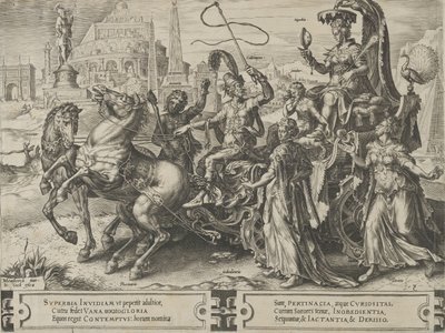 De triomf van trots, uit De cyclus van de wisselvalligheden van menselijke zaken, plaat 3, 1564 door Cornelis Cort