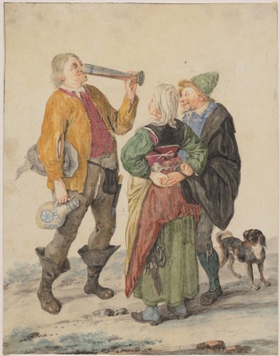 Drinkende man geobserveerd door een koppel en een hond door Cornelis Dusart