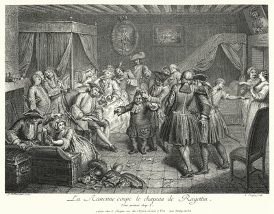 La Rancune snijdt de hoed van Ragotin af (gravure) door Cornelis Engelbrechtsen
