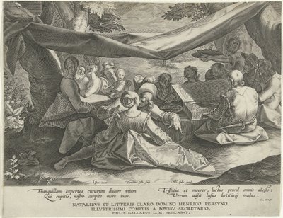 Musicerend gezelschap met man achter virginaal door Cornelis Galle (I)