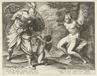 Venus aan een boom gebonden en Amor door Minerva gestraft door Cornelis Galle (I)