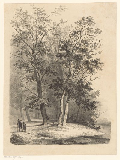 Twee figuren wandelen in een bos door Cornelis Gerrit Verburgh