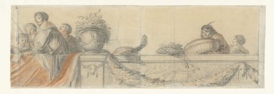 Personen op een balustrade met festoenen (Ontwerpen voor wandschilderingen in kasteel Honselaersdijk) door Cornelis Holsteyn