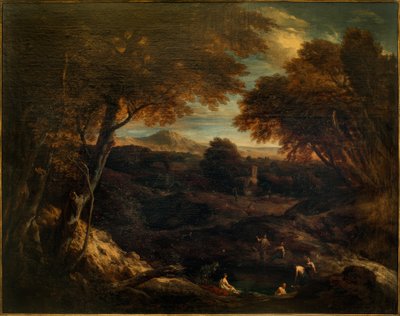 Uitgestrekt klassiek landschap met badende figuren op de voorgrond door Cornelis Huysmans