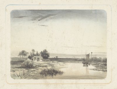 Rivierlandschap met huis en zeilboot door Cornelis Jan Bolt