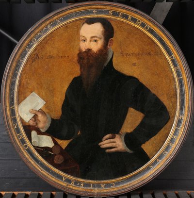 Portret van Adam Wachendorff, met een putto die bellen blaast door Cornelis Ketel