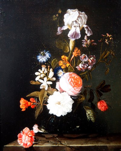 Een Stilleven van Bloemen in een Vaas op een Rand door Cornelis Kick