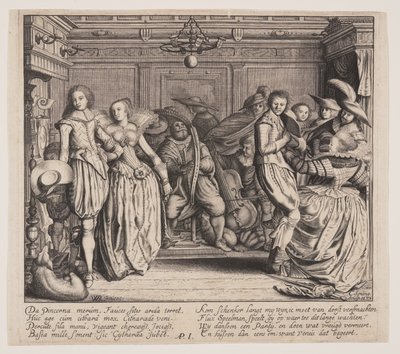 Interieur met muzikanten en dansende koppels door Cornelis Koning