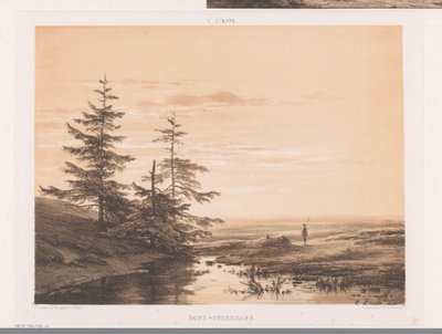 Landschap met zonsondergang door Cornelis Lieste