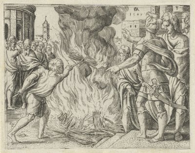 Filistijnen verbranden Simsons vrouw en schoonvader Geschiedenis van Simson door Cornelis Massijs