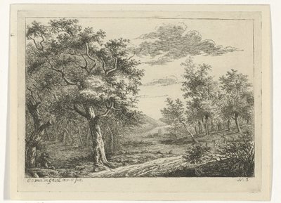 Landschap met figuren en vee door Cornelis Ouboter van der Griendt
