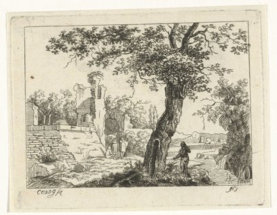 Landschap met ruïne door Cornelis Ouboter van der Griendt