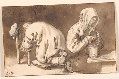 Een knielende man en een vrouw met een mand door Cornelis Pietersz Bega