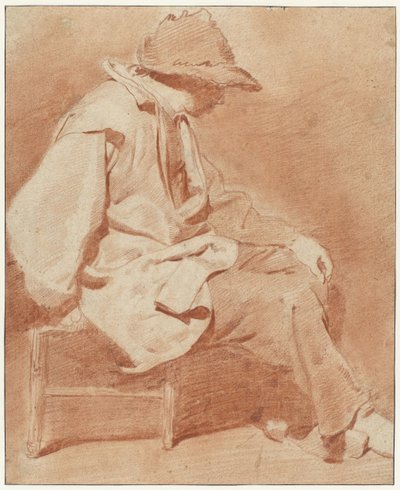 Zittende man met een pet, zijn linkerhand op zijn knie, naar rechts door Cornelis Pietersz. Bega