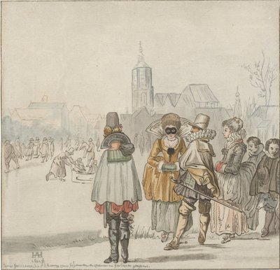 Elegant gezelschap op het ijs door Cornelis Ploos van Amstel (signed by artist)