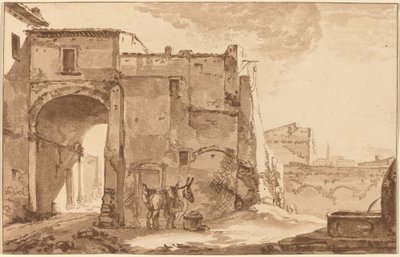 Poort met reiziger en muilezel door Cornelis Ploos van Amstel