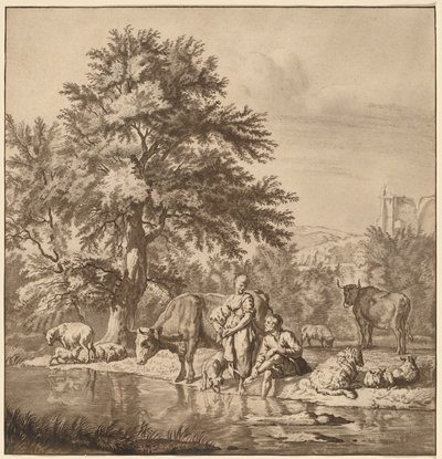 Herder en herderin met hun kudde door Cornelis Ploos van Amstel after Adriaen