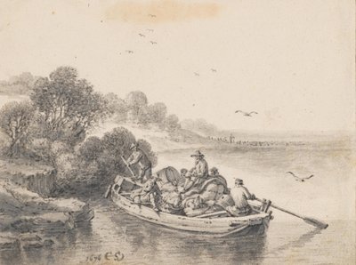 Een zwaarbeladen veerboot door Cornelis Saftleven
