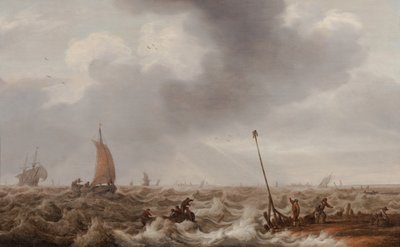 Schepen in woelige zeeën langs de kust met een pier, baken en een stad in de verte, ca. 1600-55 door Cornelis Stooter