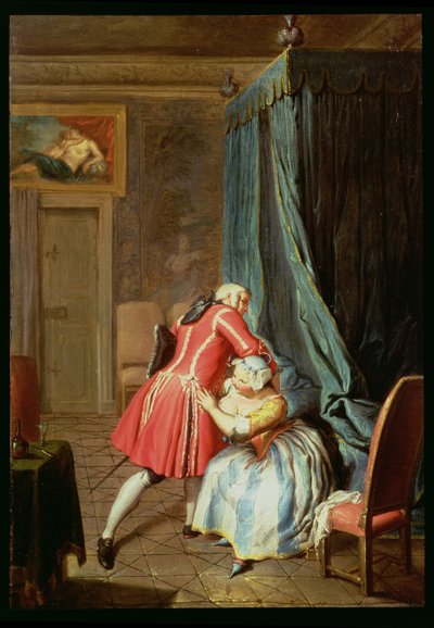 Interieur van een slaapkamer met een koppel dat zich amuseert door Cornelis Troost