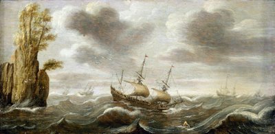 Nederlands schip op een woelige zee, draaiend van een rots, met vegetatie op de top, andere boten zijn zichtbaar aan de horizon door Cornelis Verbeeck
