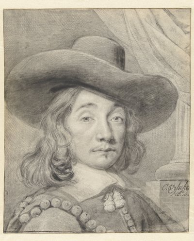 Zelfportret met een hoed door Cornelis Visscher (II)