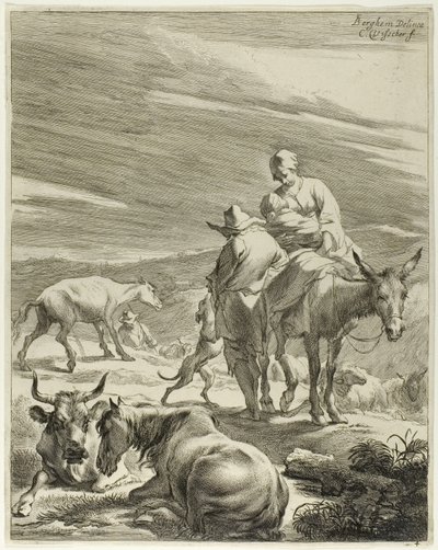 Een moeder en een kind op een ezel, plaat 4 uit Vier landschappen door Cornelis Visscher