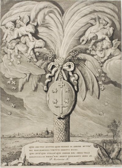 Wapen van Haarlem, eindpagina van Graven en Gravin van Holland, Zeeland en West-Friesland door Cornelis Visscher