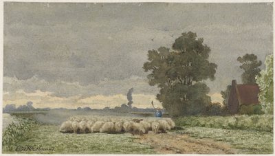 Landschap met kudde schapen door Cornelis Willem Hoevenaar (II)