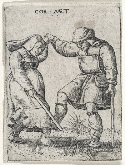 Een man met een verbonden voet die danst met een vrouw, 1572 (gravure op laid papier) door Cornelis after Massys