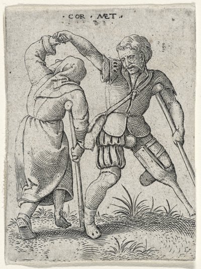 Een man met een houten been die een kreupele vrouw onder zijn arm draait, 1572 (gravure op laid papier) door Cornelis after Massys