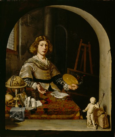 De kunstenaar in zijn atelier door Cornelis attr. to Bisschop