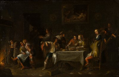 Dames en heren feestend rond een tafel door Cornelis de (attr. to) Wael