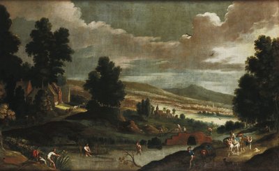Landschap met zwervers en vissers door Cornelis de Wael