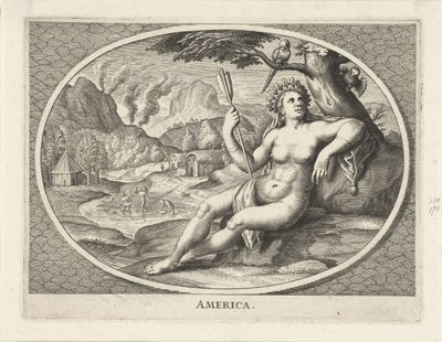 Vrouwelijke personificatie van werelddeel Amerika als vrouw met hoofdtooi van veren en pijl in landschap door Cornelis van Dalen (II)