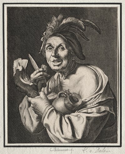 Een man met een ham, net gesneden door Cornelis van Dalen