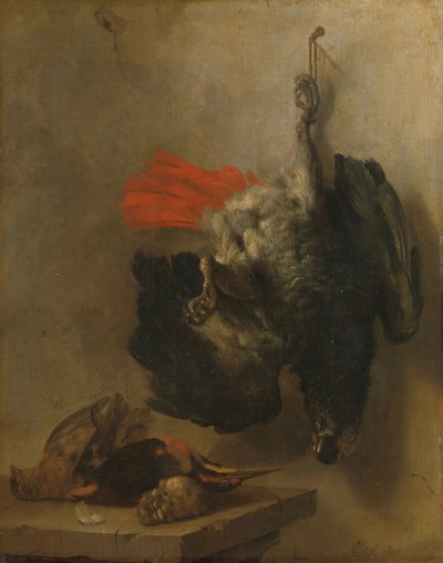 Stilleven met papegaai en watersnippen door Cornelis van Lelienbergh