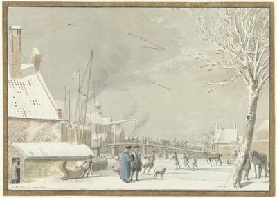 Bevroren stadsgracht met schaatsers door Cornelis van Noorde
