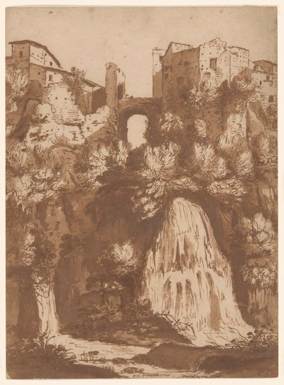 Uitzicht op Tivoli met de brug over de Anio-waterval door Cornelis van Poelenburgh
