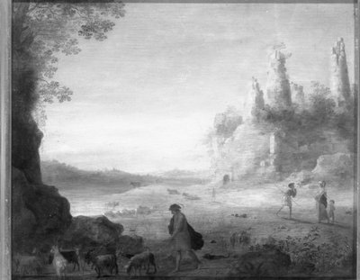 Italiaans landschap met Diana en Callisto met een geitenhoeder bij een vervallen kasteel door Cornelis van Poelenburgh or Poelenburch