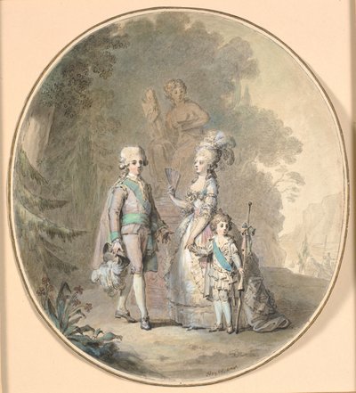 Gustav III, koningin Sophie Magdalene en kroonprins Gustav Adolph wandelend in het Hagapark door Cornelius Høyer
