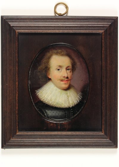 Een heer, in zwart figuur dubbelt met vallende kanten kraag door Cornelius I (attr.to) Johnson