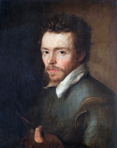 Zelfportret van een onbekende schilder met palet en penselen door Cornelius Ketel